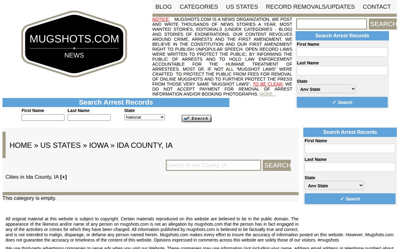 Unofficial Mugshots.com Ida County arrest news empty county interface