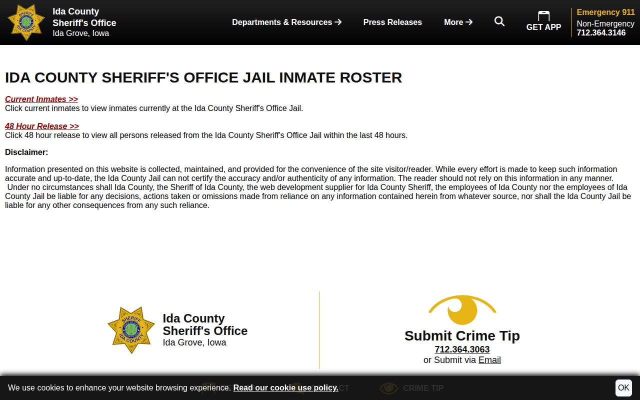 Ida County jail roster gateway for current and released booking records
