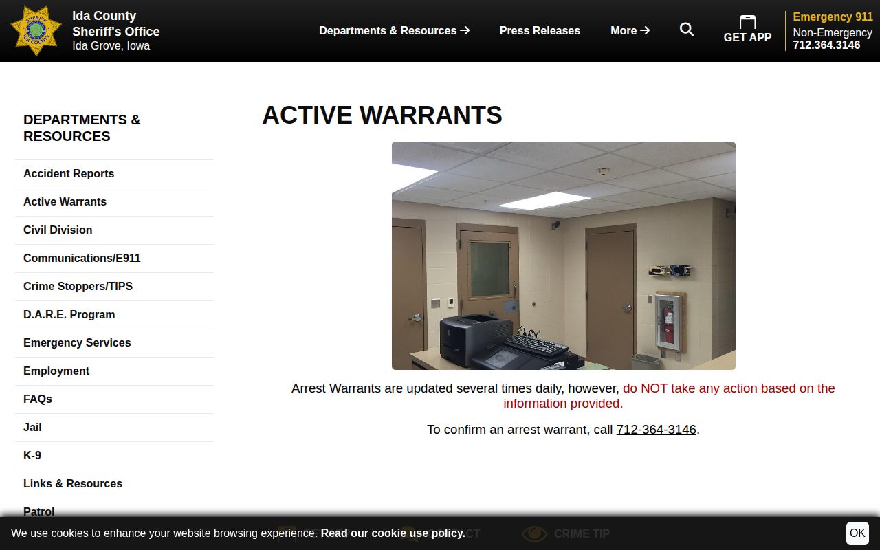 Ida County active warrant check and confirmation warning